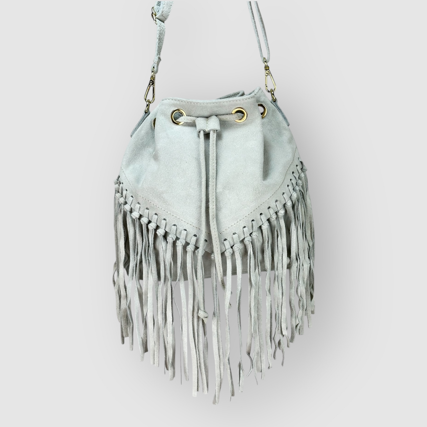 ELARA - BORSA SECCHIELLO IN VERA PELLE CAMOSCIO CON FRANGE - GHIACCIO