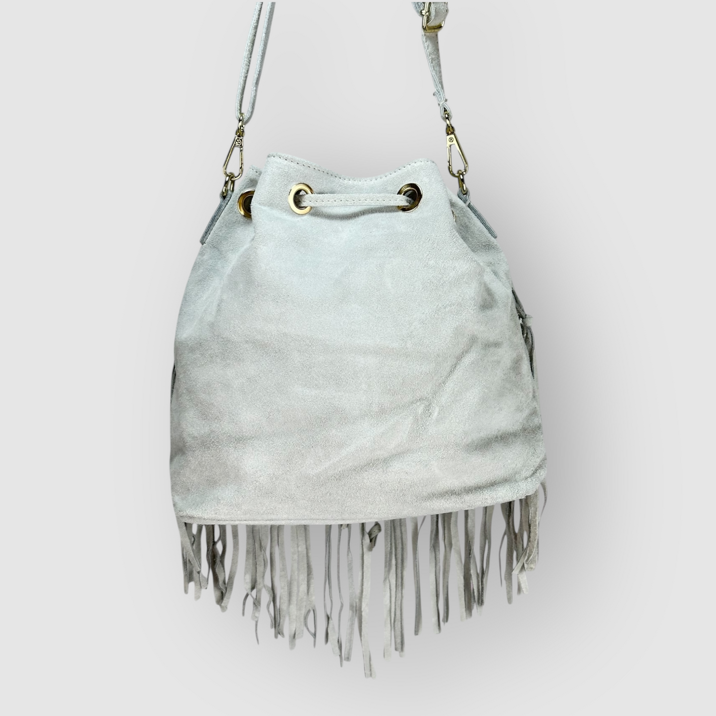ELARA - BORSA SECCHIELLO IN VERA PELLE CAMOSCIO CON FRANGE - GHIACCIO