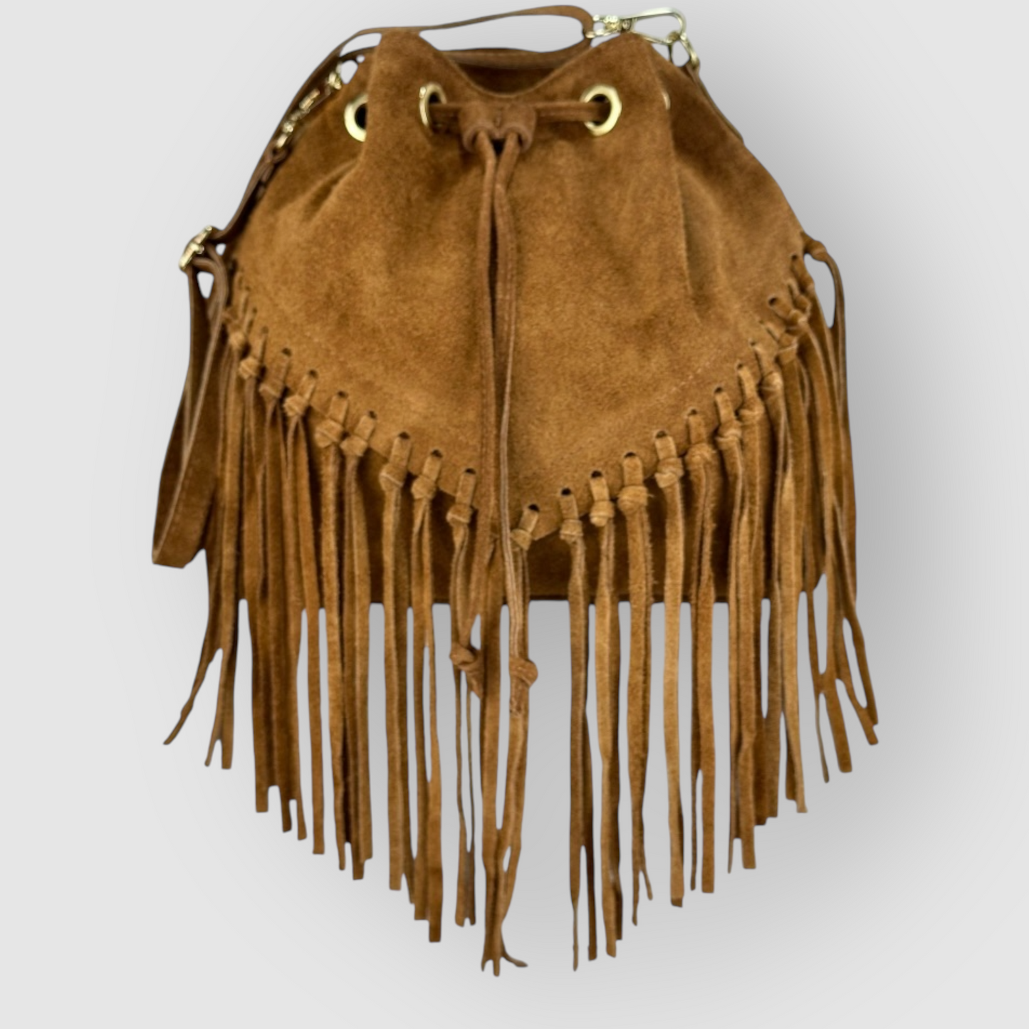 ELARA - BORSA SECCHIELLO IN VERA PELLE CAMOSCIO CON FRANGE - CUOIO