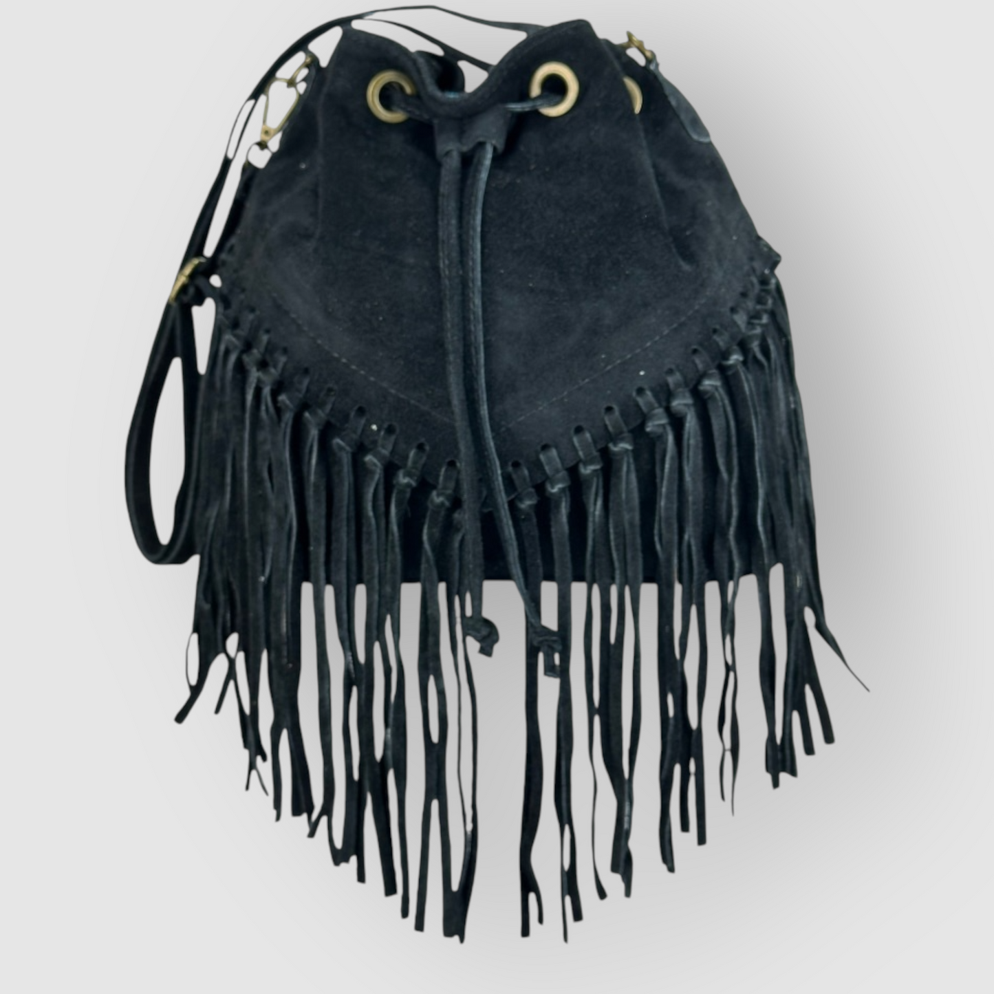 ELARA - BORSA SECCHIELLO IN VERA PELLE CAMOSCIO CON FRANGE - NERA