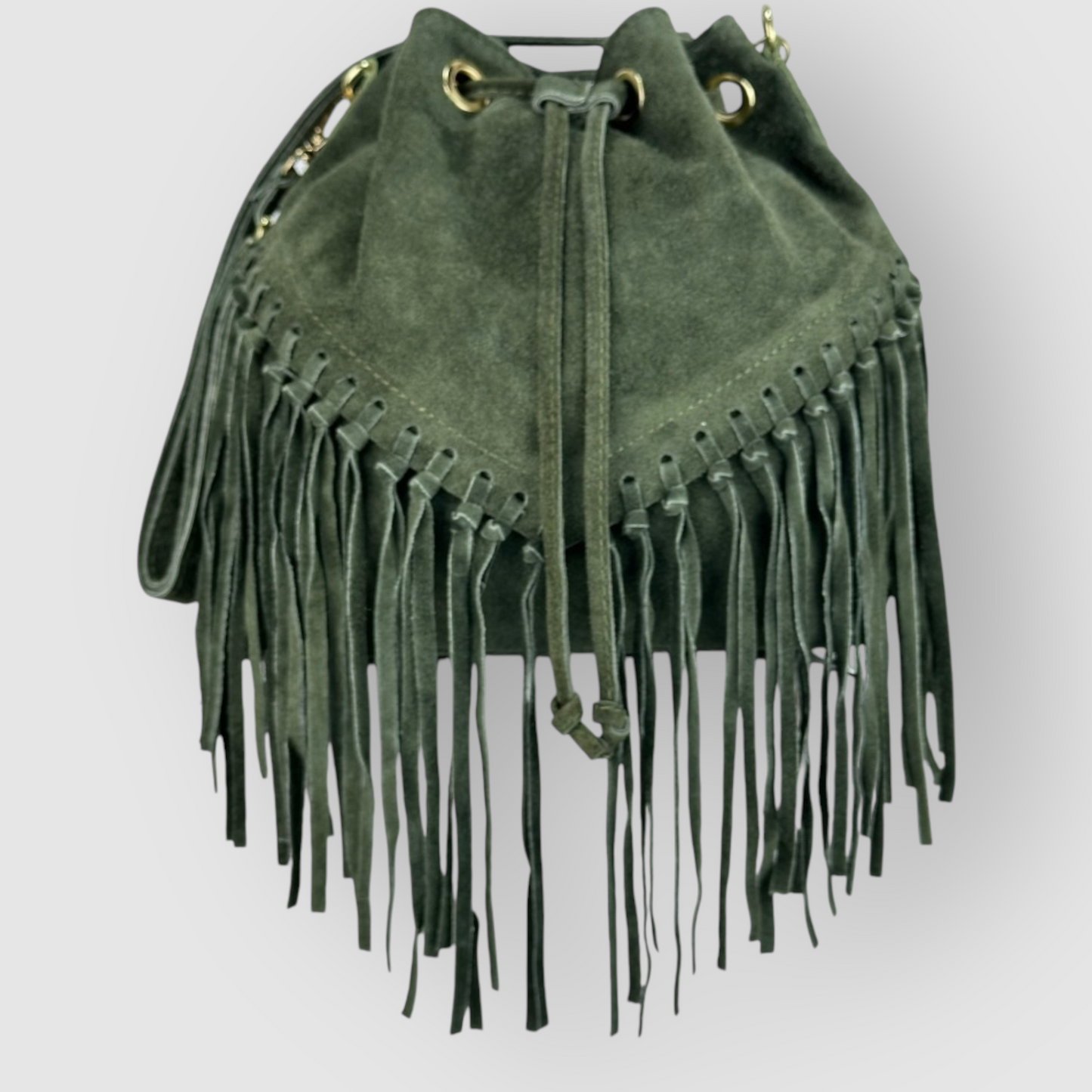 ELARA - BORSA SECCHIELLO IN VERA PELLE CAMOSCIO CON FRANGE - VERDE MILITARE