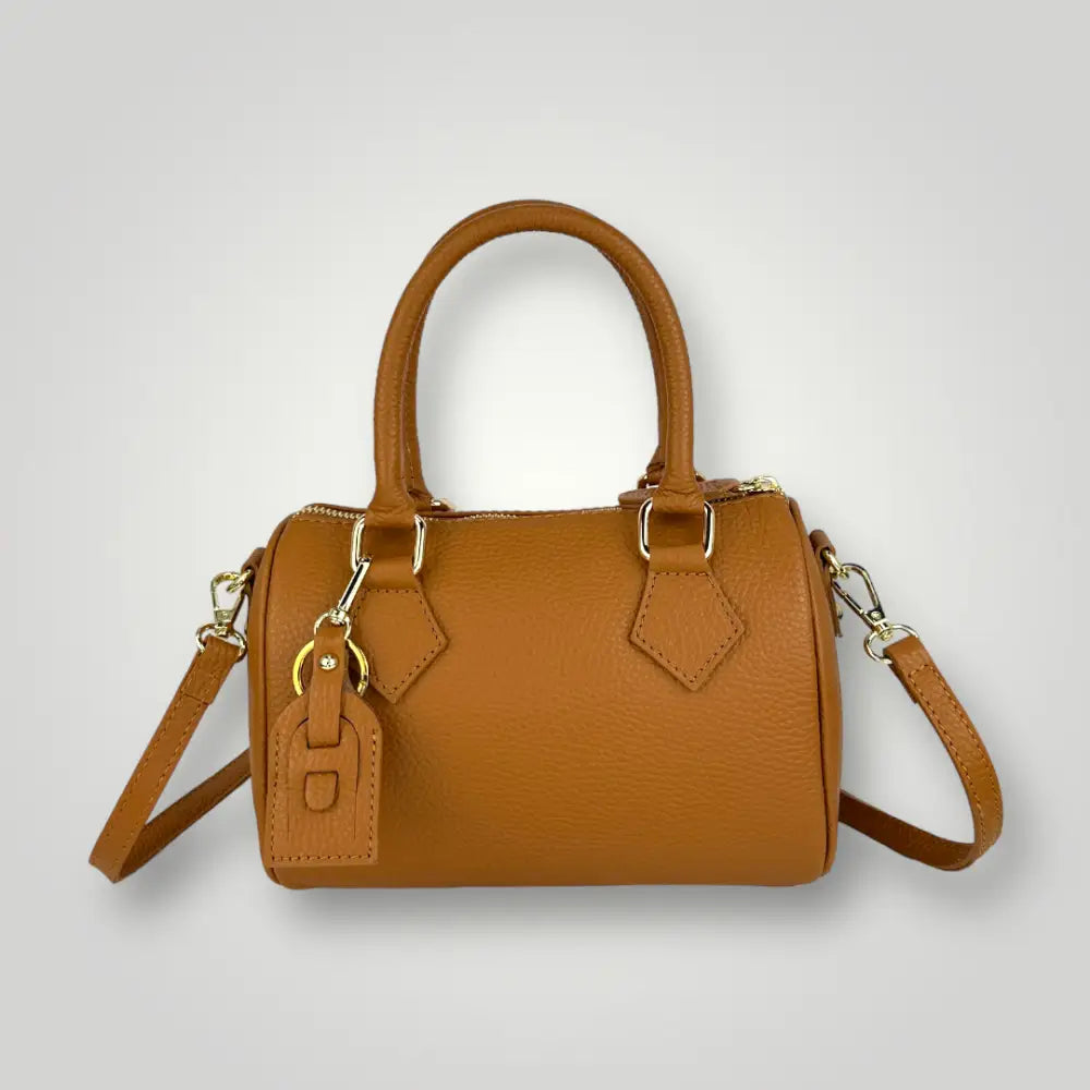 BELLATRIX - BORSA BAULETTO DUE MANICI IN VERA PELLE - CUOIO VISTA FRONTALE CON TRACOLLA
