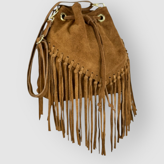 ELARA - BORSA SECCHIELLO IN VERA PELLE CAMOSCIO CON FRANGE - CUOIO