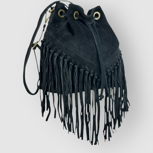 ELARA - BORSA SECCHIELLO IN VERA PELLE CAMOSCIO CON FRANGE - NERA