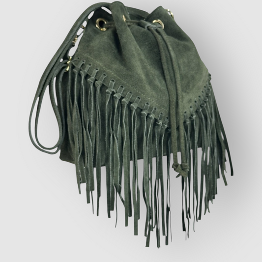 ELARA - BORSA SECCHIELLO IN VERA PELLE CAMOSCIO CON FRANGE - VERDE MILITARE
